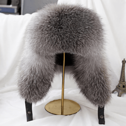 men real silver fox fur bomber hat, raccoon fur cap, russian trapper ski hats, leather winter hat for men