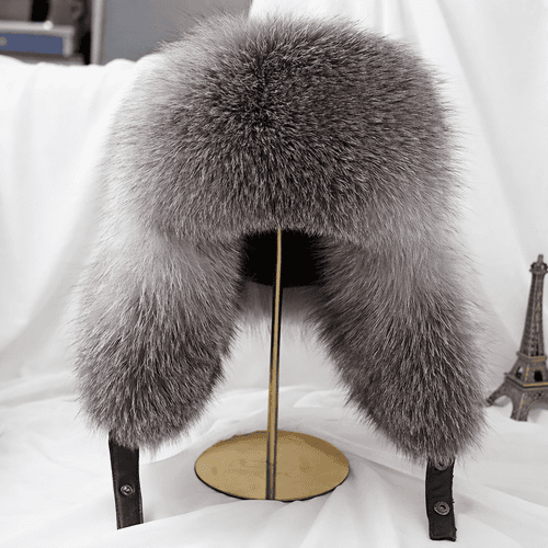 Men Real Silver Fox Fur Bomber Hat, Raccoon Fur Cap, Russian Trapper Ski Hats, Leather Winter Hat for Men