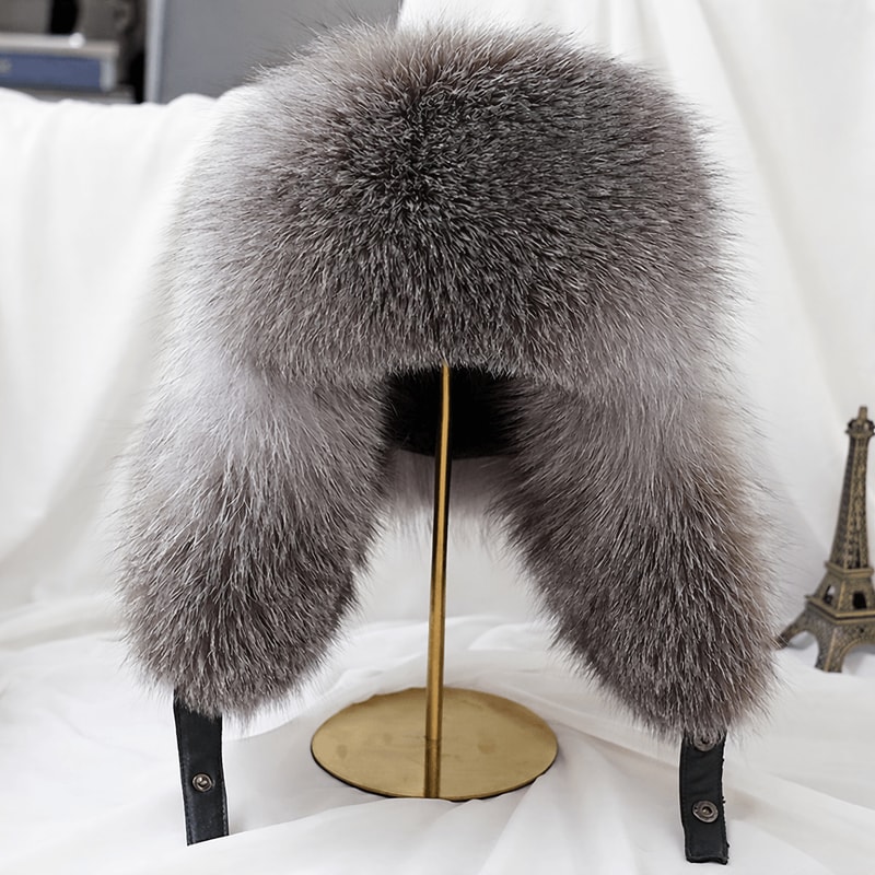 Men Real Silver Fox Fur Bomber Hat Raccoon Fur Cap Russian Trapper Ski Hats Leather Winter Hat For 0