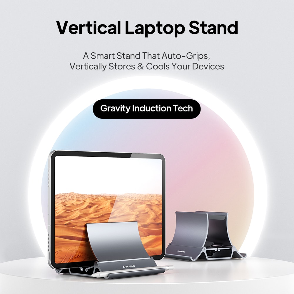 Gravity Lock Vertical Laptop Stand For Desk With Dual Slot And Silicone Protection 1