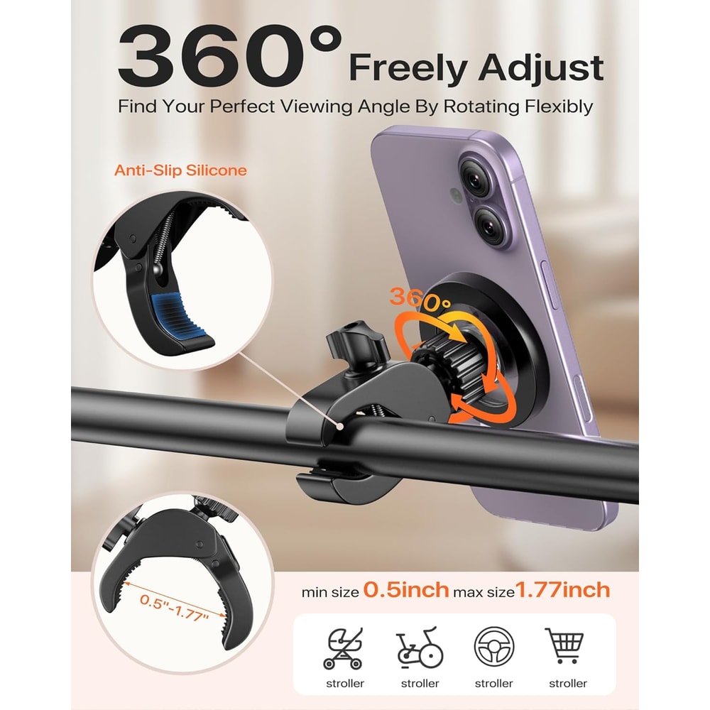 MagSafe Bike Phone Mount with Clamp Handlebar Holder for Stroller Peloton and Treadmill