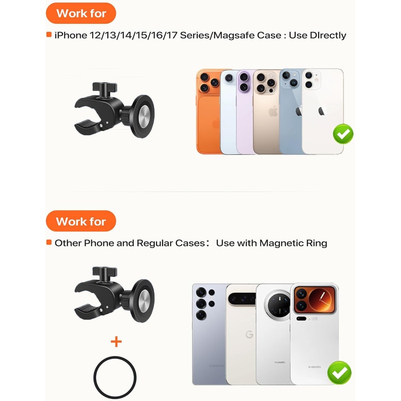 MagSafe Bike Phone Mount with Clamp Handlebar Holder for Stroller Peloton and Treadmill