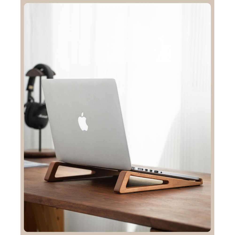 Black Walnut Wood Laptop Stand For Desk Ergonomic Notebook Riser With Cooling Open Design 3