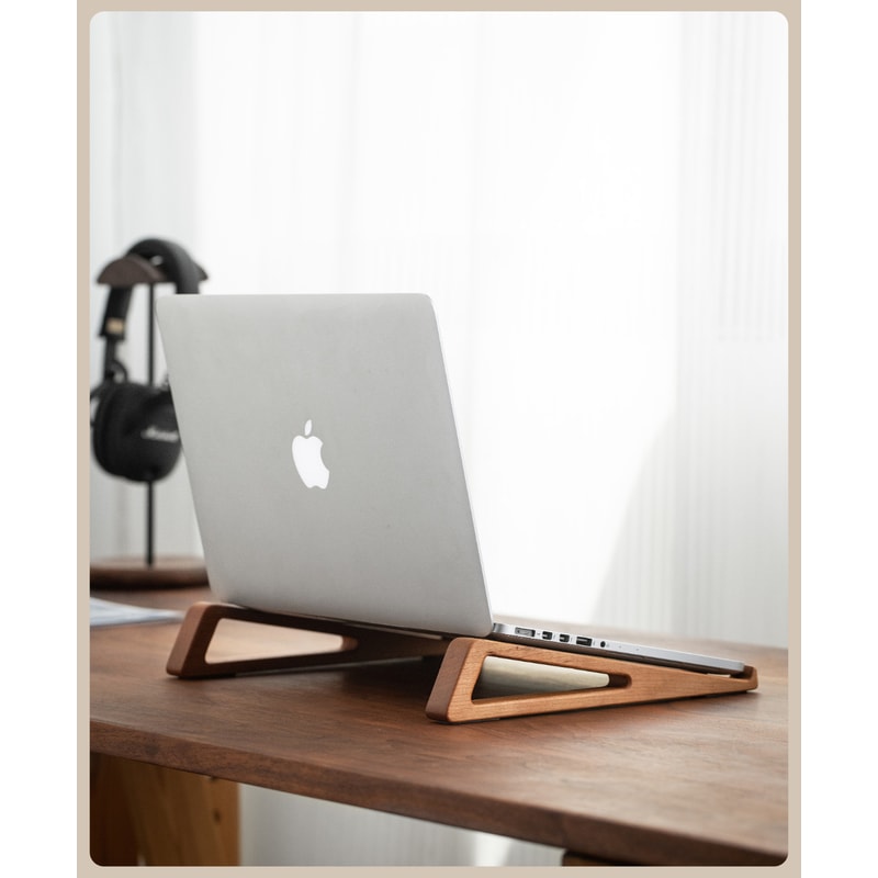 Black Walnut Wood Laptop Stand For Desk Ergonomic Notebook Riser With Cooling Open Design 3
