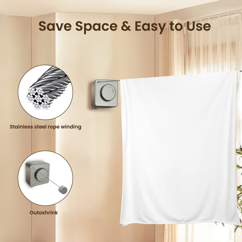 Retractable Clothesline Wall Mounted Stainless Steel Laundry Line for Indoor Outdoor Use