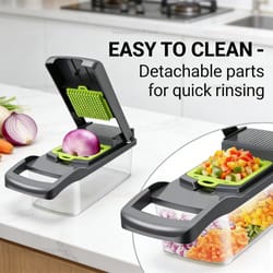 vegetable chopper with container and blades for fast slicing, dicing and grating