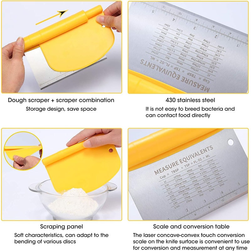 Stainless Steel Bench Scraper and Dough Cutter with Measuring Scale for Baking and Pizza