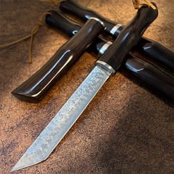 handmade damascus steel fixed blade knife with bamboo wood handle