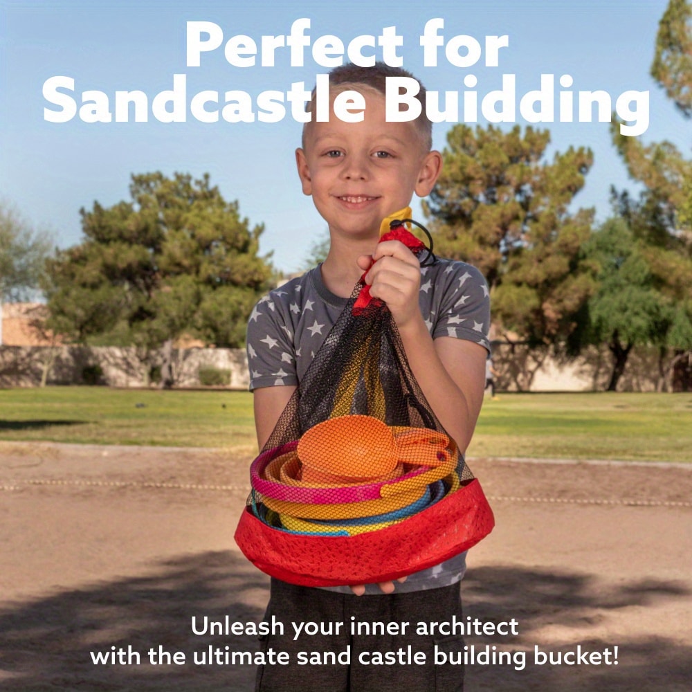 Collapsible Beach Bucket Set with Shovels and Mesh Bag for Kids Travel