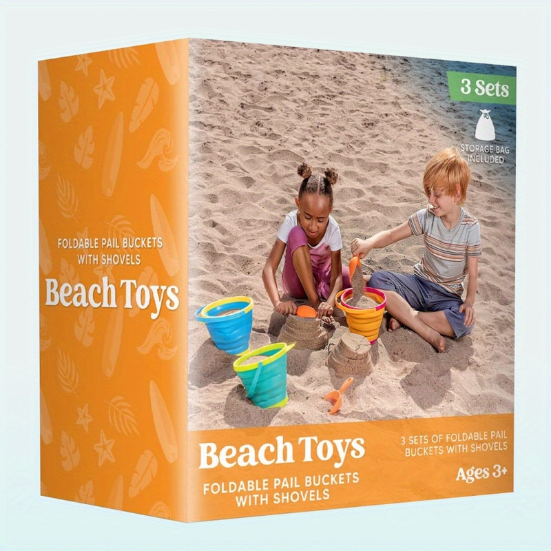 Collapsible Beach Bucket Set with Shovels and Mesh Bag for Kids Travel