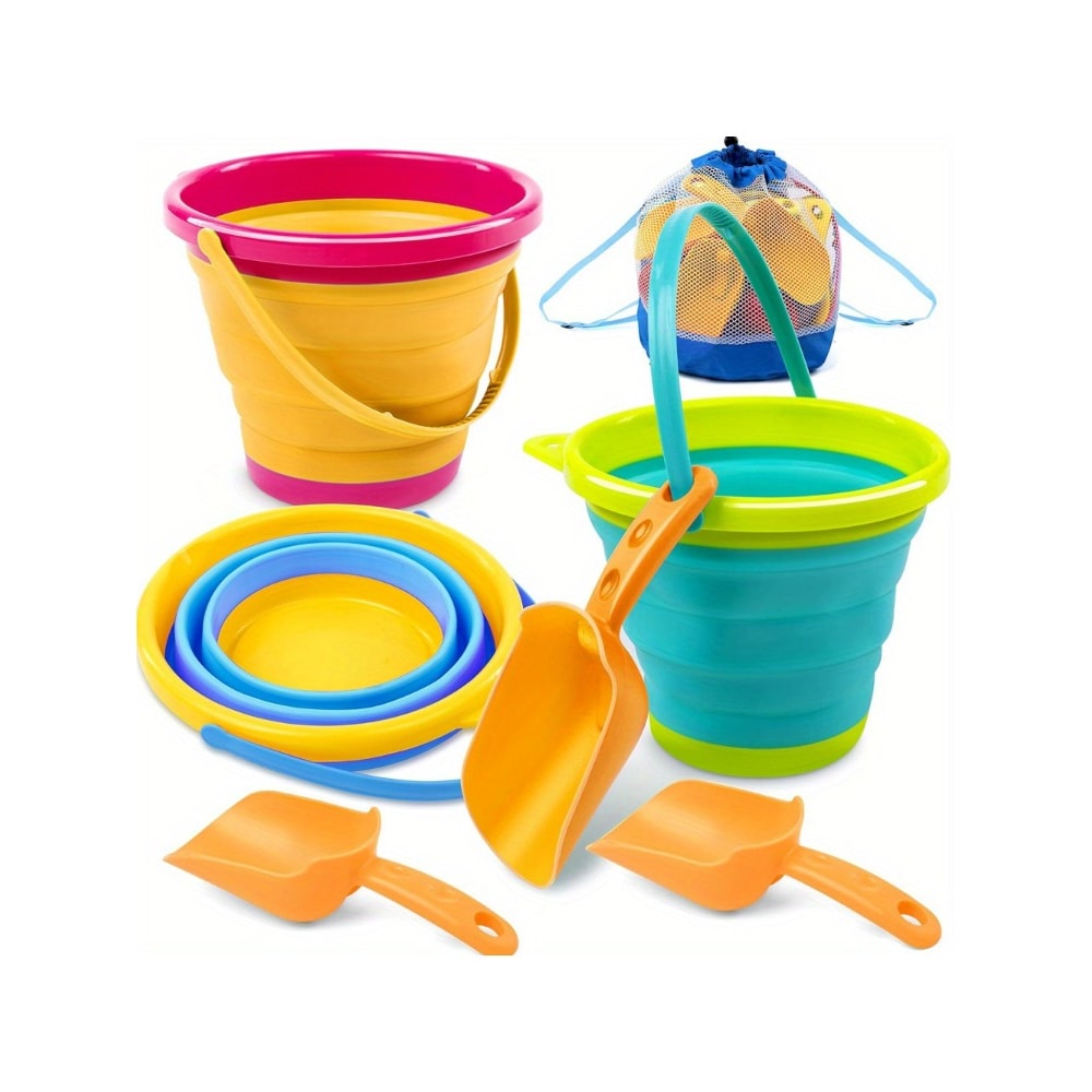 Collapsible Beach Bucket Set with Shovels and Mesh Bag for Kids Travel