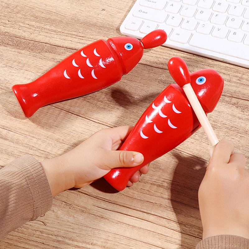 Dual Tone Wooden Fish Percussion Block with Mallet for Orff Music and Rhythm Practice