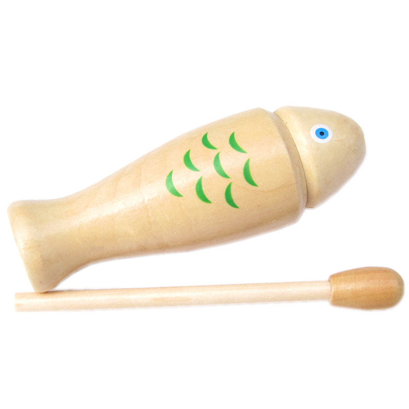 Dual Tone Wooden Fish Percussion Block with Mallet for Orff Music and Rhythm Practice