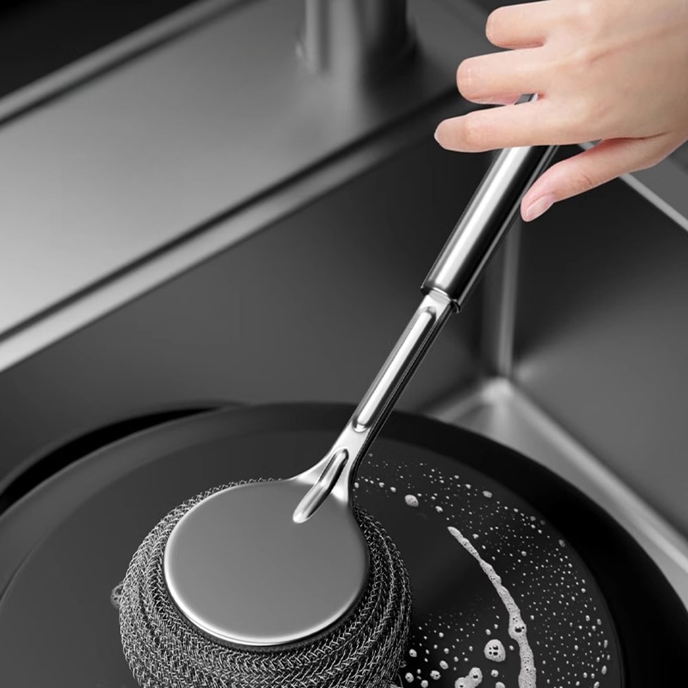 Stainless Steel Pot Brush with Handle Heavy Duty Long Handle Pot Scrubber