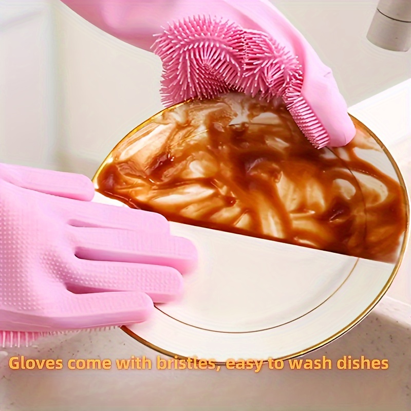 Silicone Dishwashing Gloves with Scrubbers Reusable Heat Resistant Cleaning Gloves