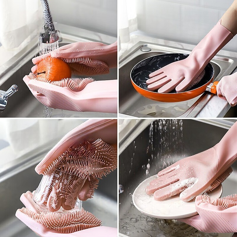 Silicone Dishwashing Gloves with Scrubbers Reusable Heat Resistant Cleaning Gloves