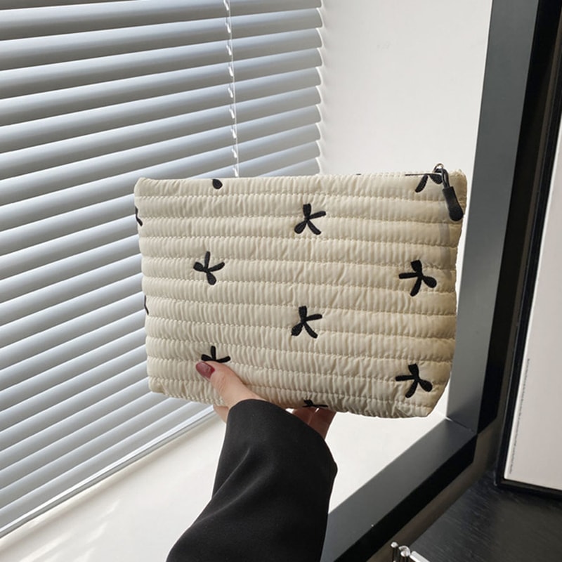Embroidered Bow Large Capacity Makeup Bag Zipper Cosmetic Pouch 0