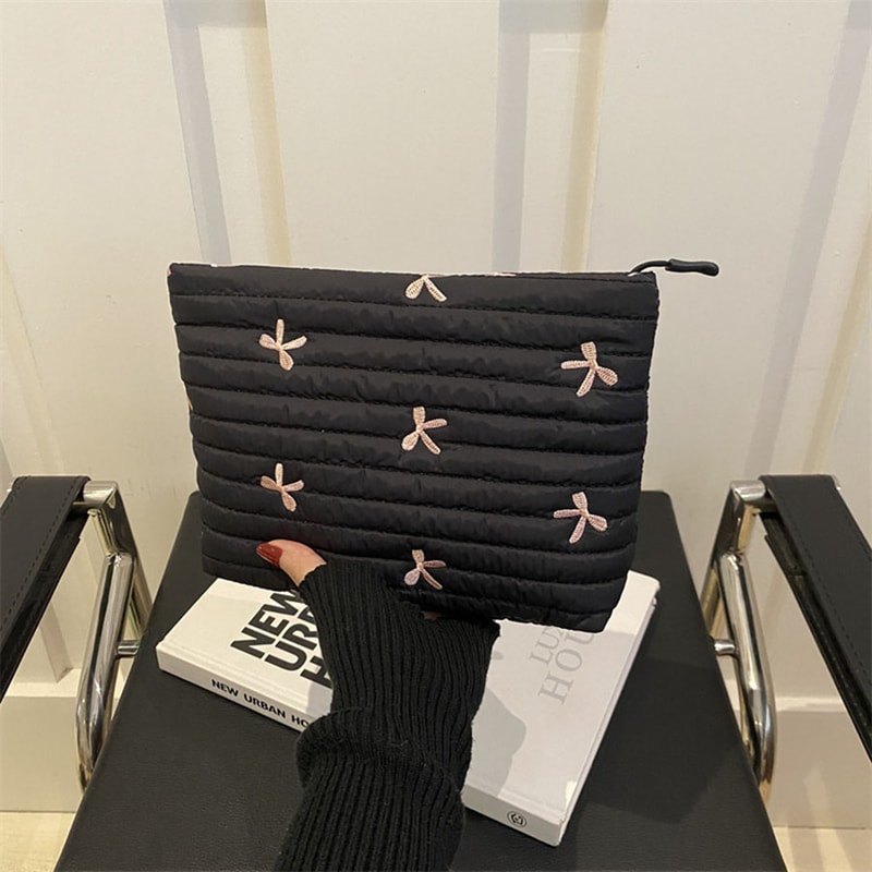 Embroidered Bow Large Capacity Makeup Bag Zipper Cosmetic Pouch 2