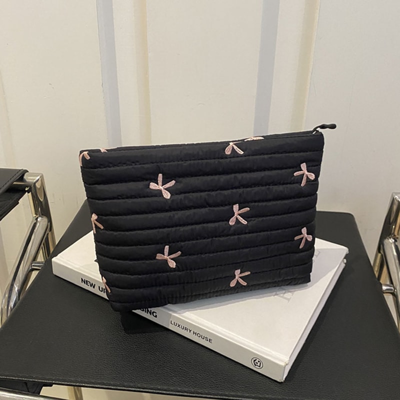Embroidered Bow Large Capacity Makeup Bag Zipper Cosmetic Pouch 5