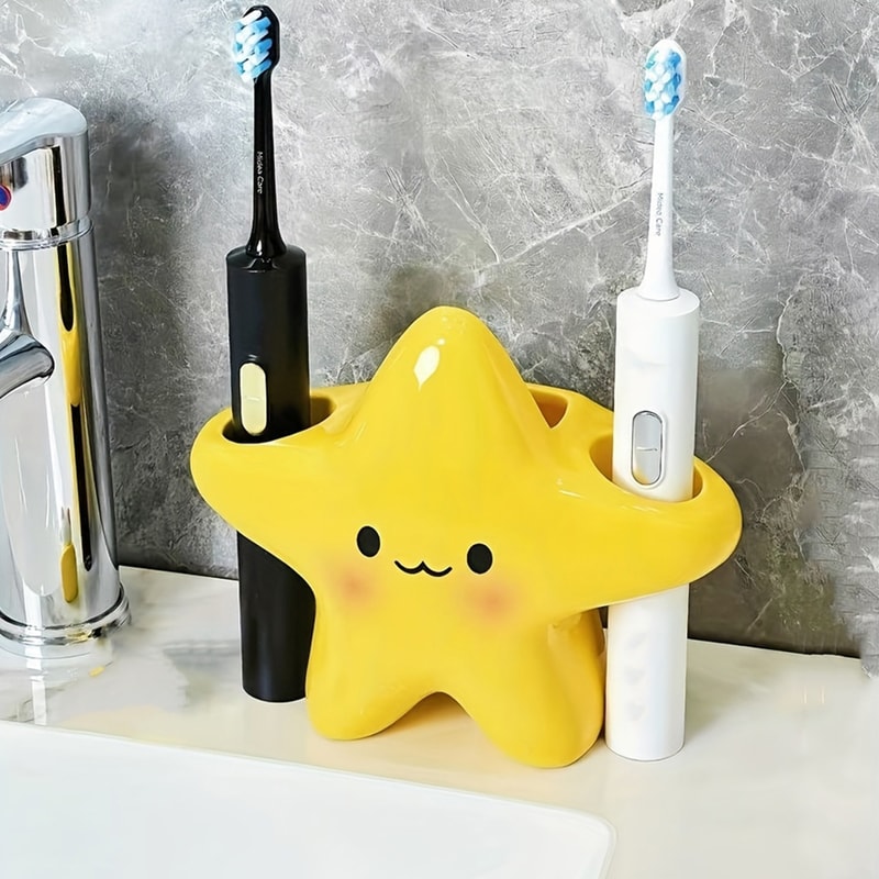 Cute Star Shaped Toothbrush Holder Freestanding Bathroom Organizer With Face Design 2