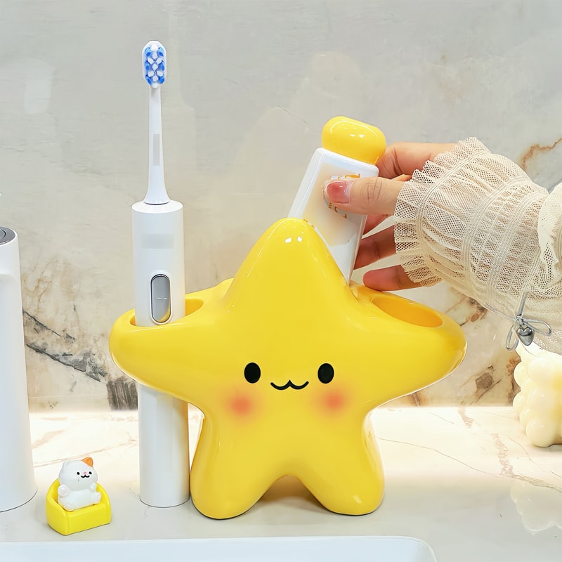 Cute Star Shaped Toothbrush Holder Freestanding Bathroom Organizer With Face Design 3