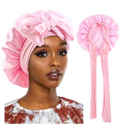 satin sleep bonnet with wide stretch band for frizz free hair care