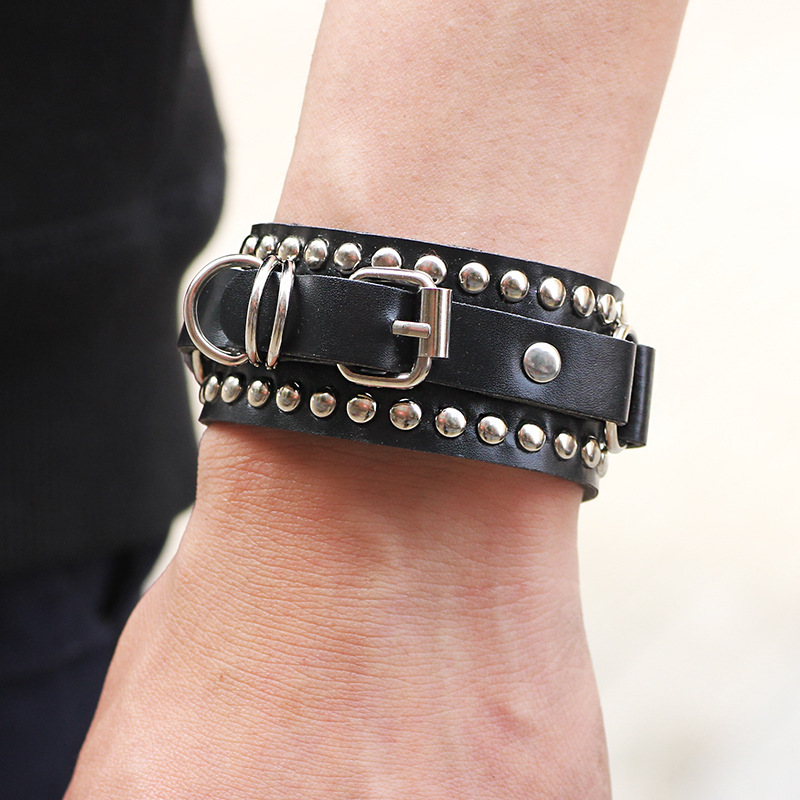 Gothic Punk Black Leather Cuff Bracelet With Spikes And Rivets 1