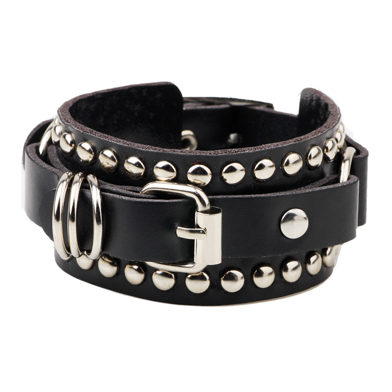 Gothic Punk Black Leather Cuff Bracelet With Spikes And Rivets 3