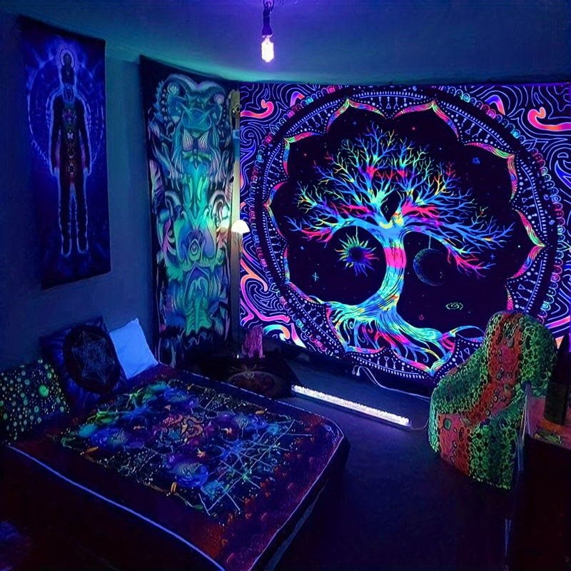 Tree of Life Blacklight Tapestry for Psychedelic Boho Dorm Decor