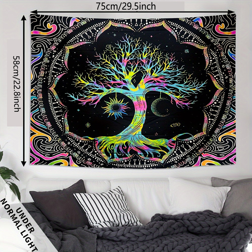 Tree of Life Blacklight Tapestry for Psychedelic Boho Dorm Decor