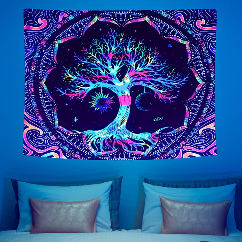 Tree of Life Blacklight Tapestry for Psychedelic Boho Dorm Decor