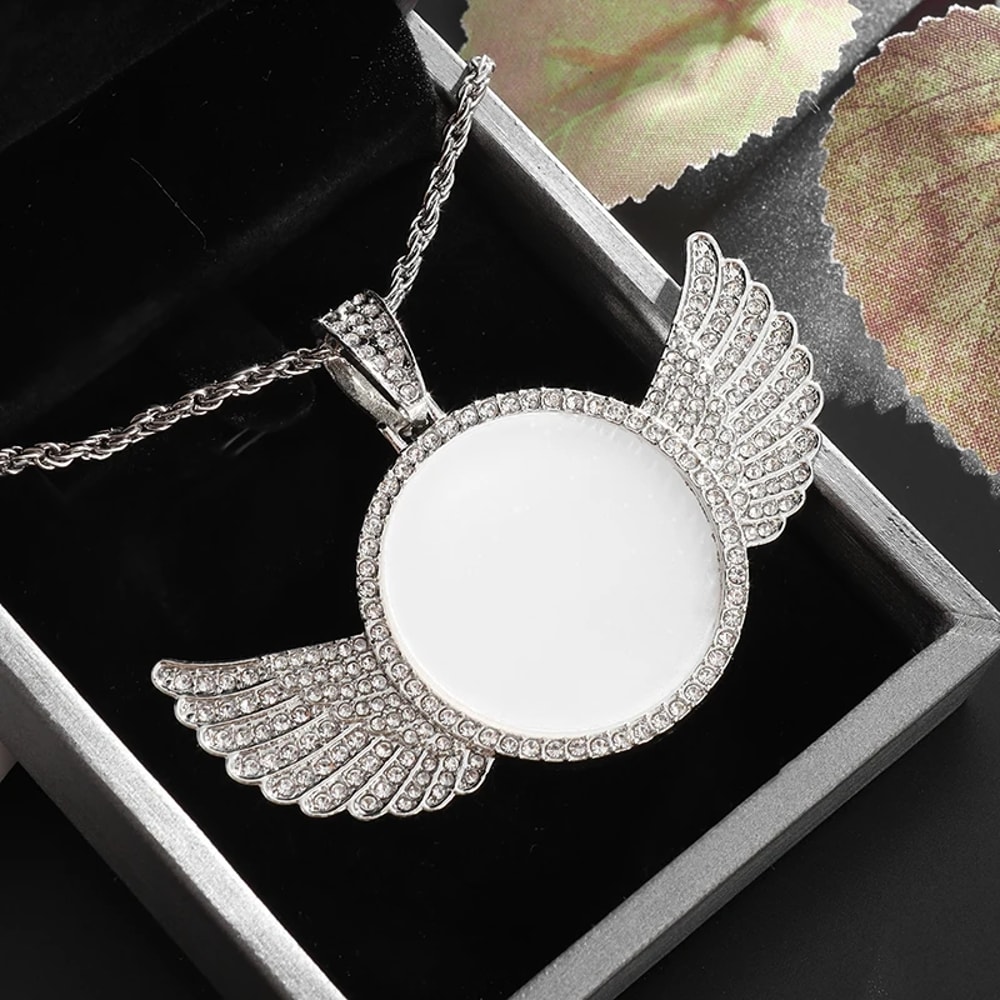 Angel Wings Photo Memorial Necklace with Zirconia Pendant