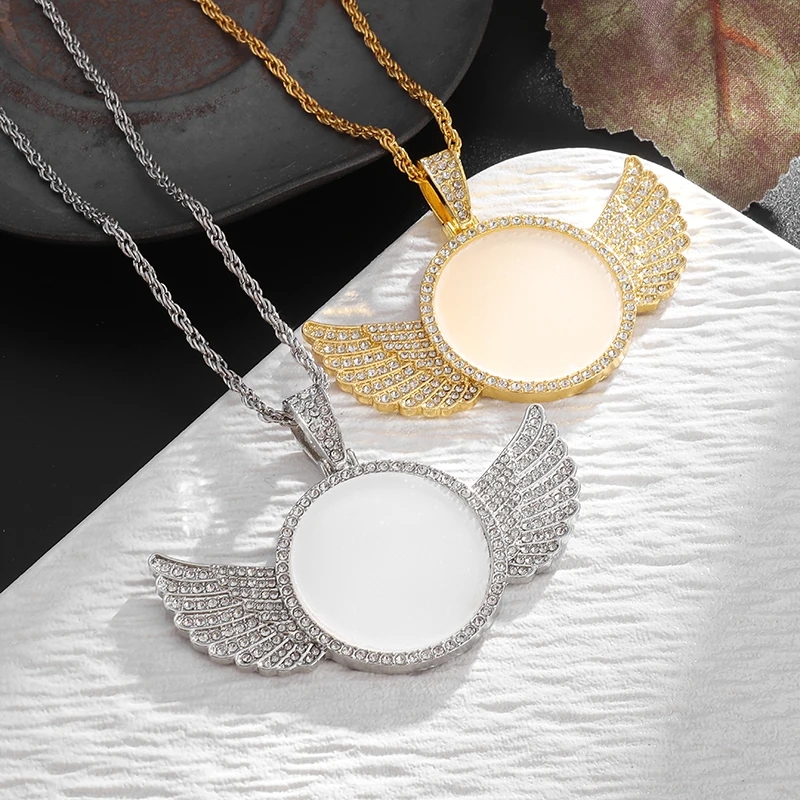 Angel Wings Photo Memorial Necklace with Zirconia Pendant