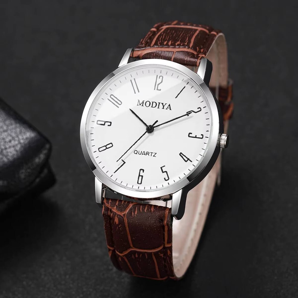 Mens Arabic Dial Watch Set with Leather Strap