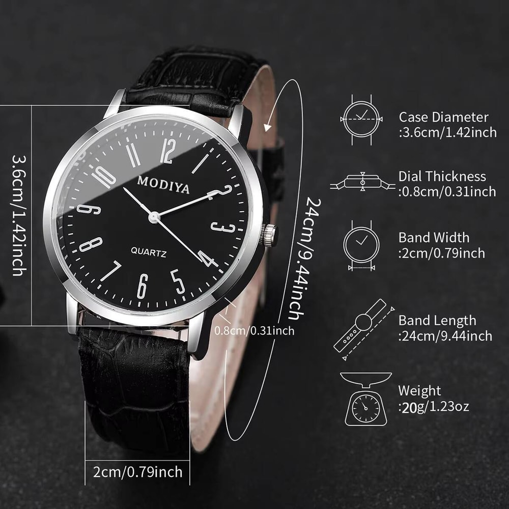 Mens Arabic Dial Watch Set with Leather Strap