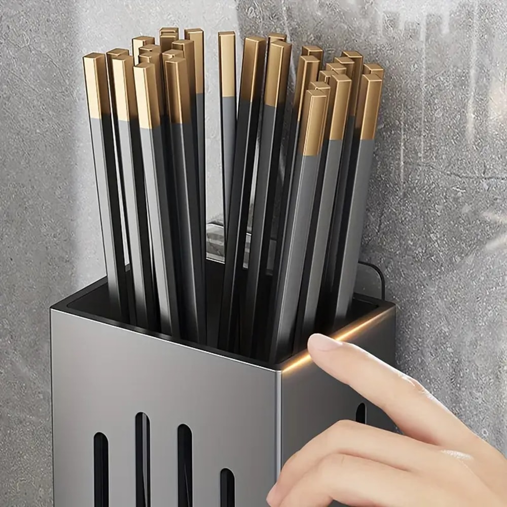 Punch Free Wall Mounted Chopstick Holder With Drain Tray And Hooks 3