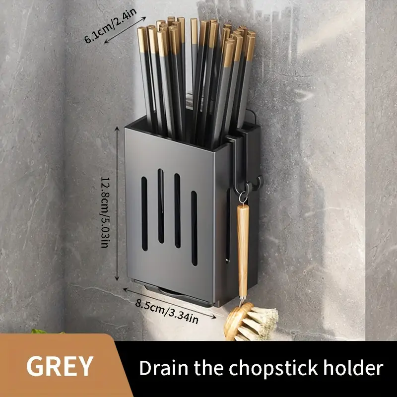Punch Free Wall Mounted Chopstick Holder With Drain Tray And Hooks 5