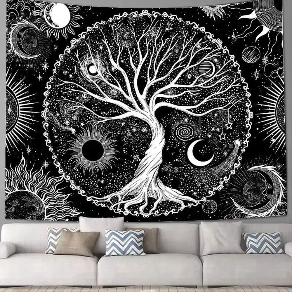 Boho Tree of Life Tapestry Set with Sun and Moon Wall Art