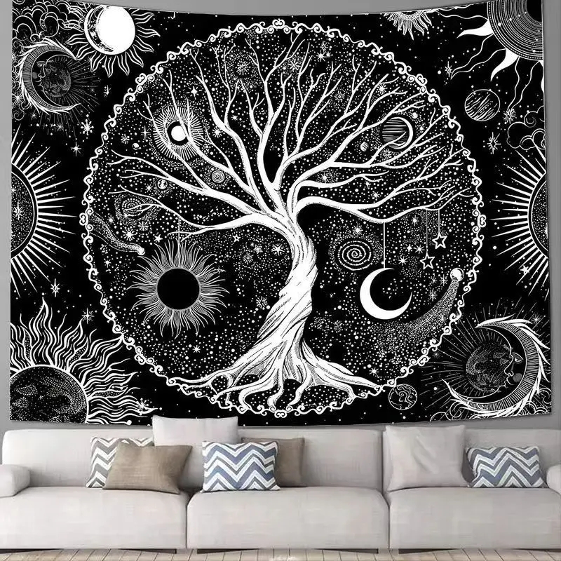 Boho Tree of Life Tapestry Set with Sun and Moon Wall Art