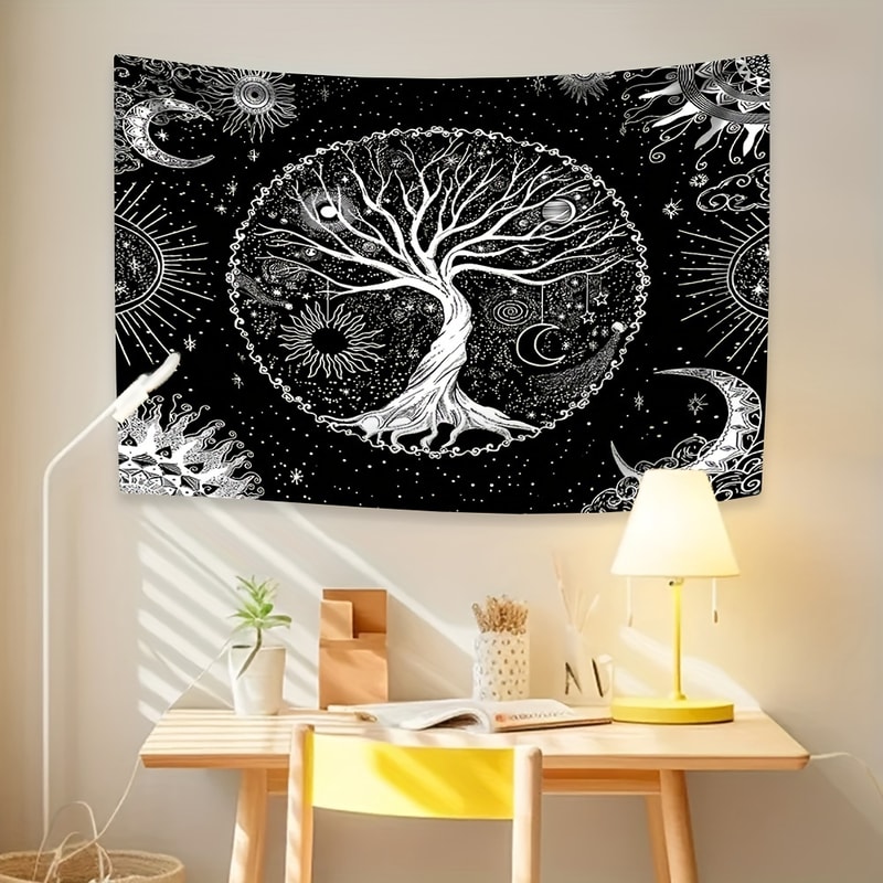 Boho Tree of Life Tapestry Set with Sun and Moon Wall Art