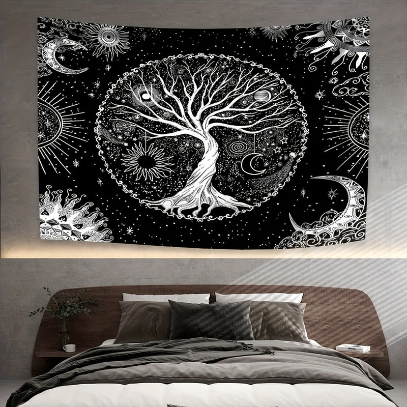 Boho Tree of Life Tapestry Set with Sun and Moon Wall Art