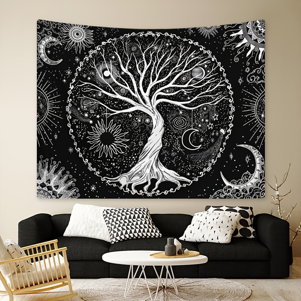 Boho Tree of Life Tapestry Set with Sun and Moon Wall Art