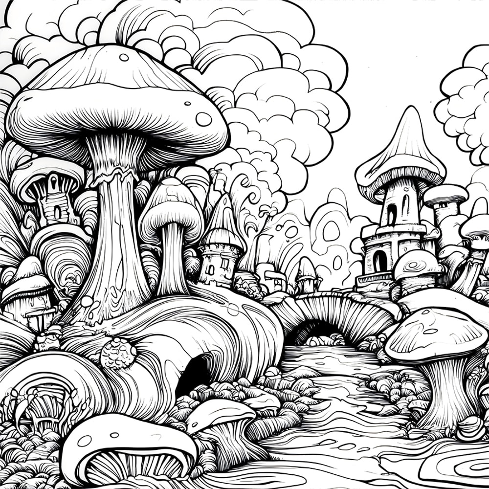 Mushroom World Adult Coloring Book for Relaxing Fantasy Art
