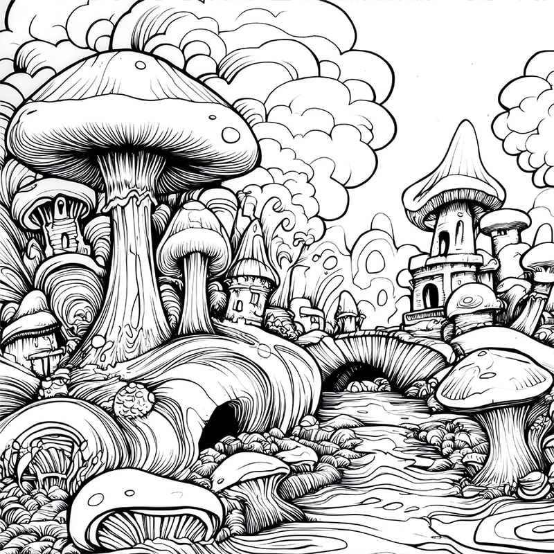 Mushroom World Adult Coloring Book for Relaxing Fantasy Art