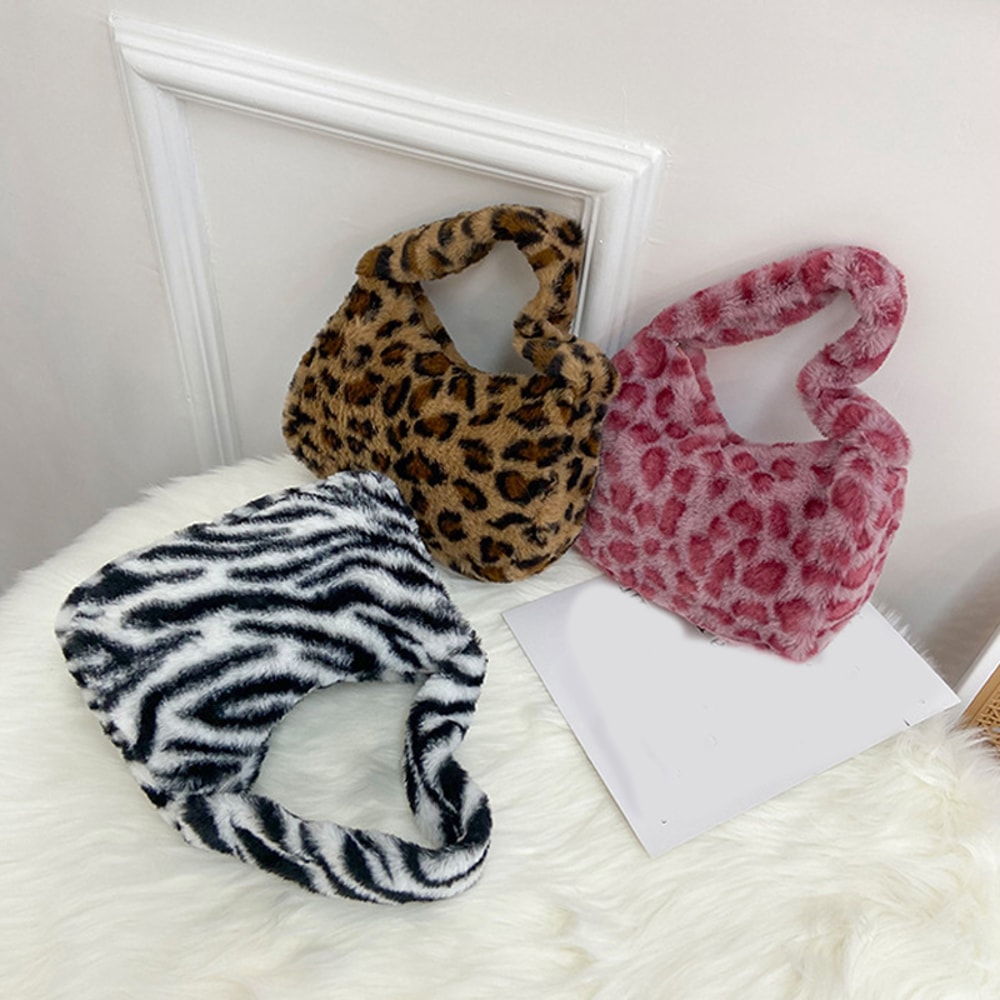 Leopard Print Plush Shoulder Tote Bag for Women