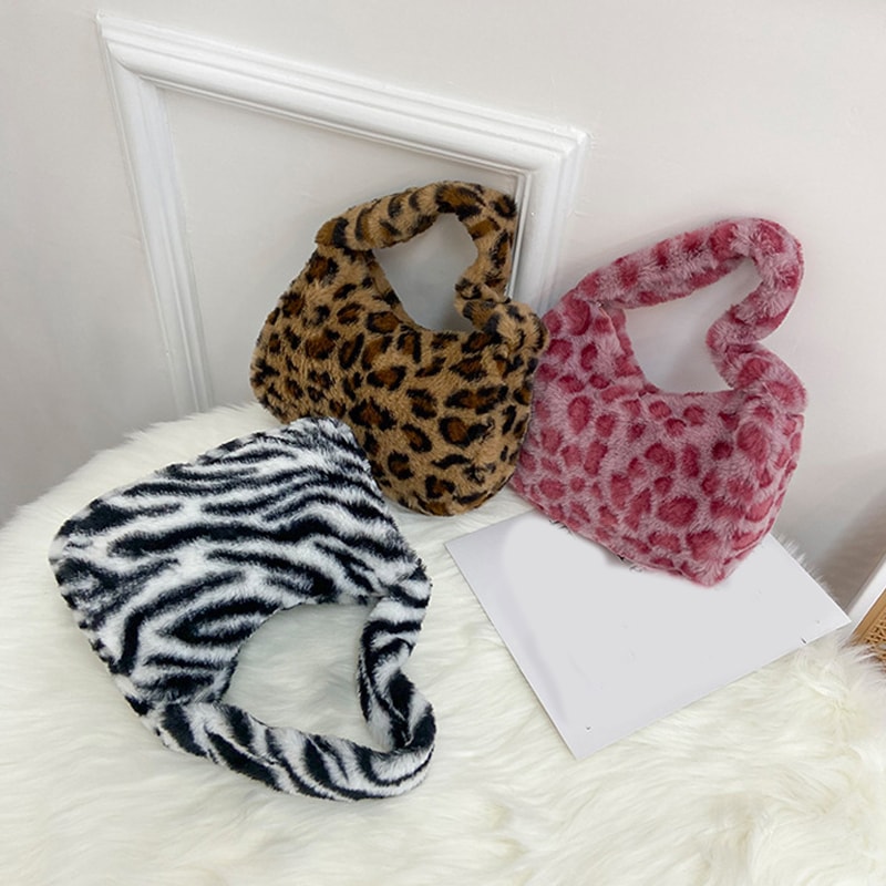 Leopard Print Plush Shoulder Tote Bag for Women
