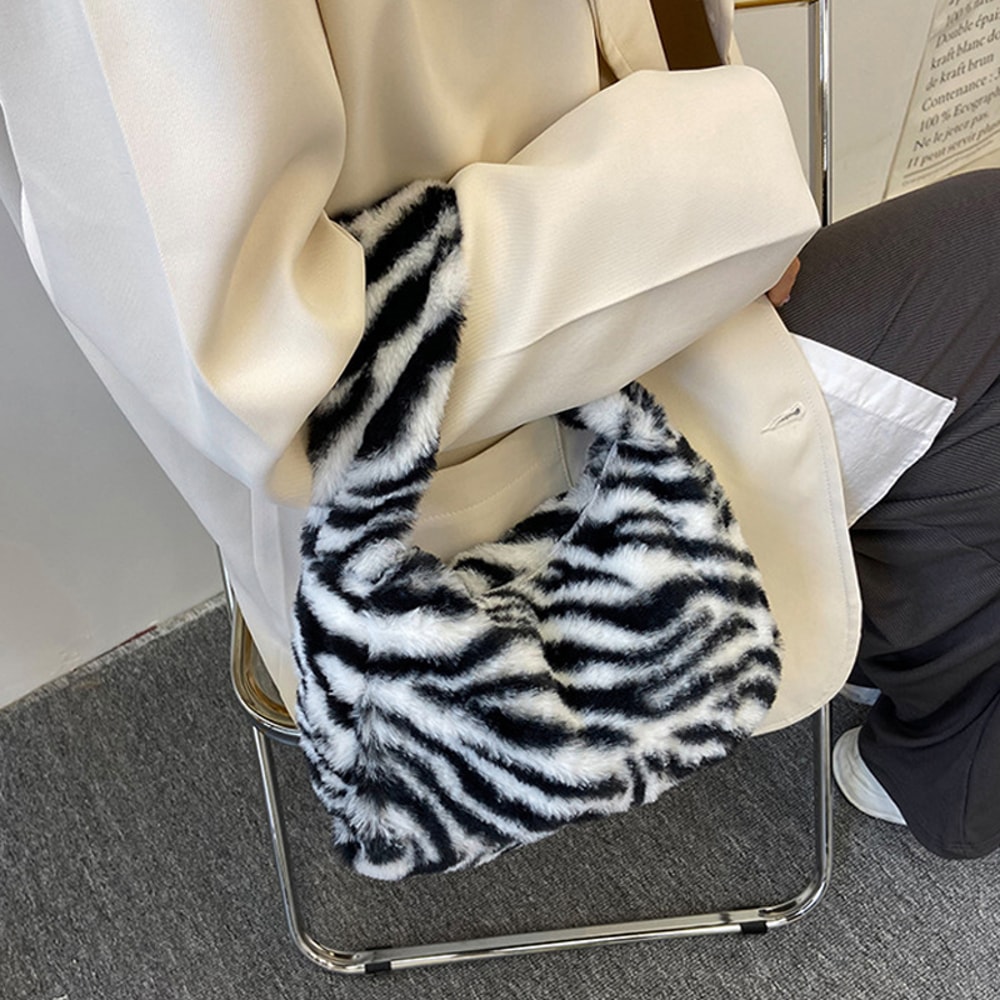 Leopard Print Plush Shoulder Tote Bag for Women