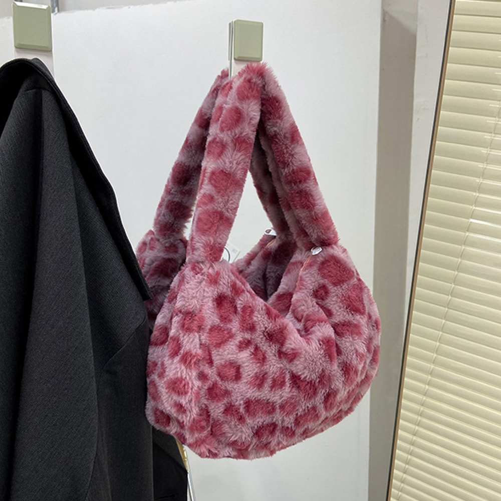 Leopard Print Plush Shoulder Tote Bag for Women