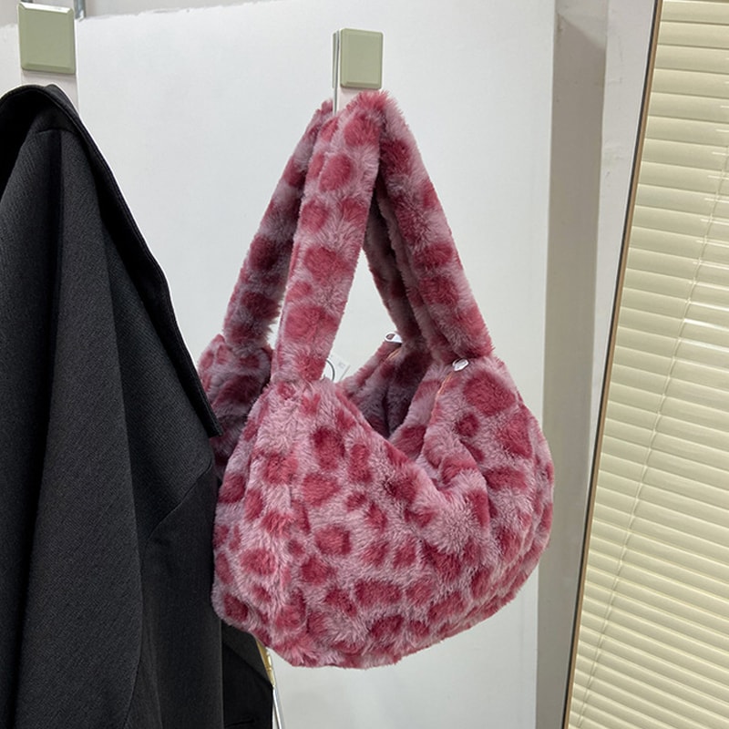 Leopard Print Plush Shoulder Tote Bag for Women