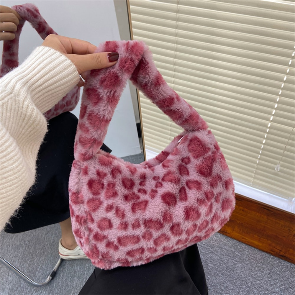 Leopard Print Plush Shoulder Tote Bag for Women